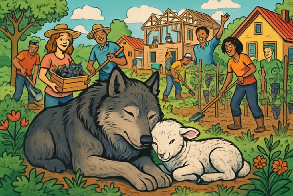 Comic book style illustration depicting a scene from Isaiah chapter 65