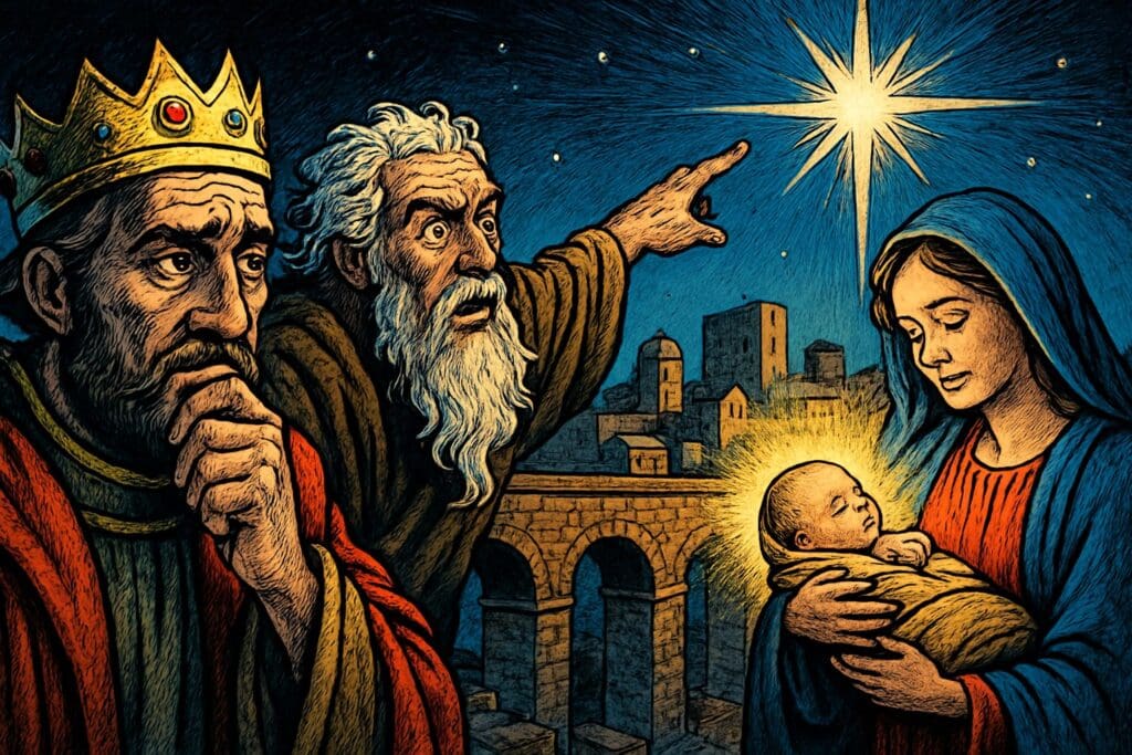 Comic book style illustration depicting a scene from Isaiah chapter 7