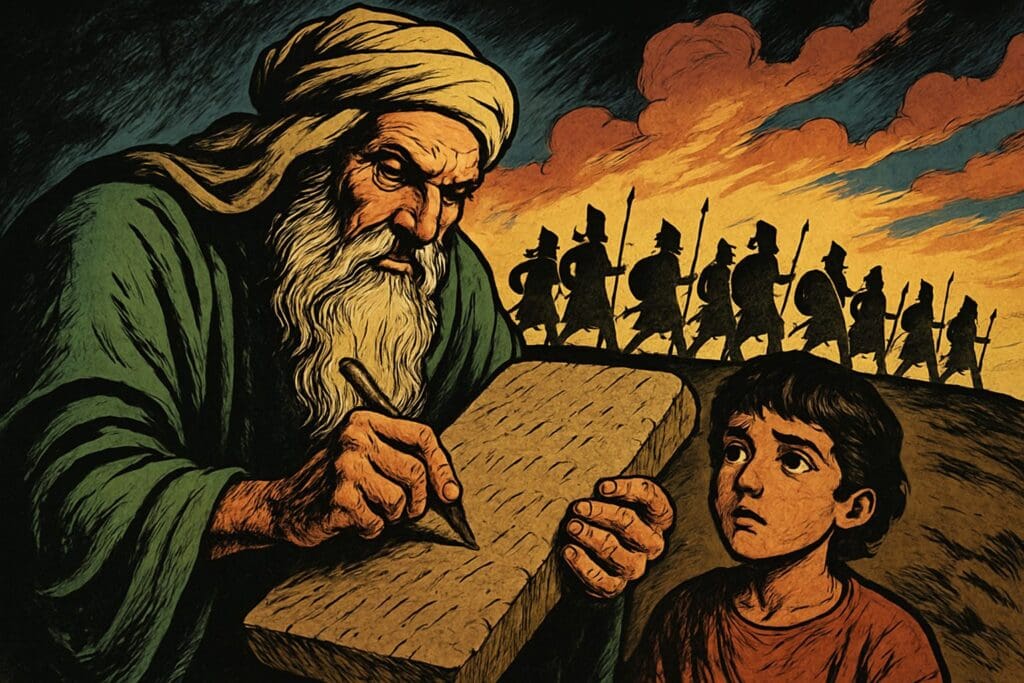 Comic book style illustration depicting a scene from Isaiah chapter 8