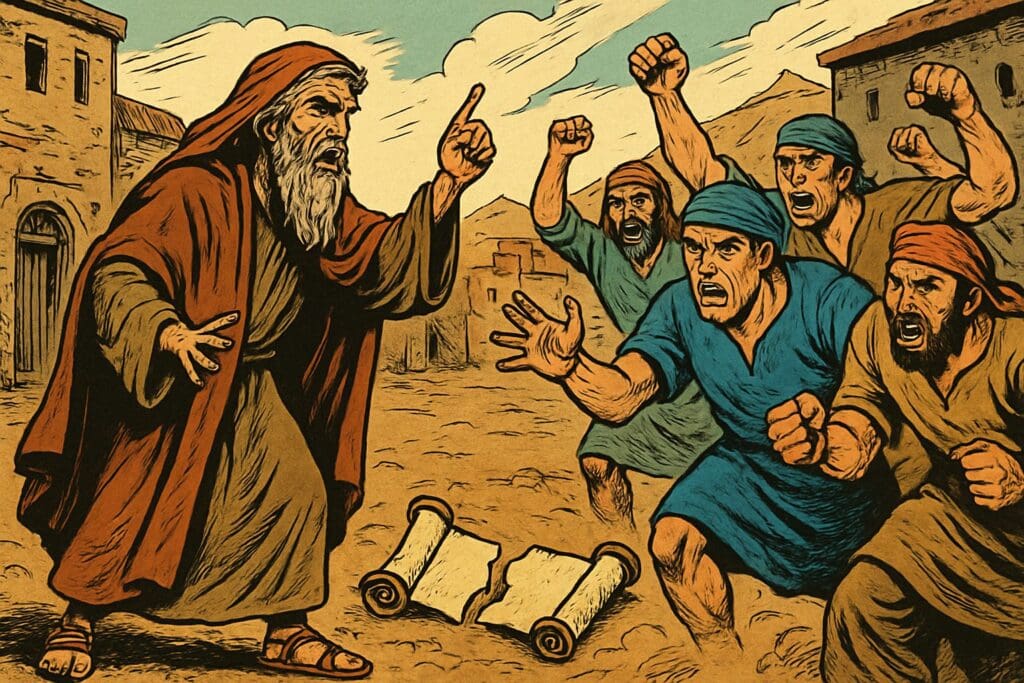 Comic book style illustration depicting a scene from Jeremiah chapter 11