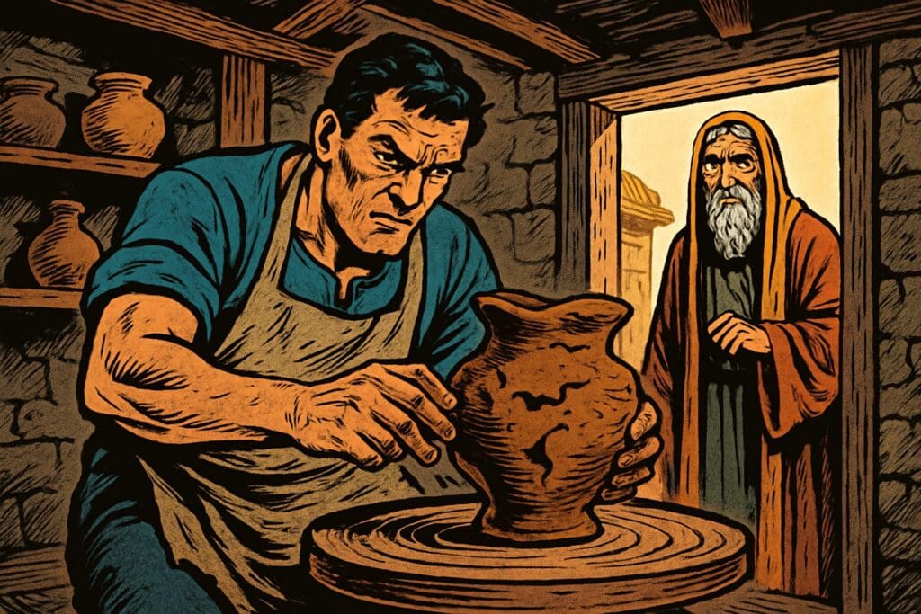 Comic book style illustration depicting a scene from Jeremiah chapter 18