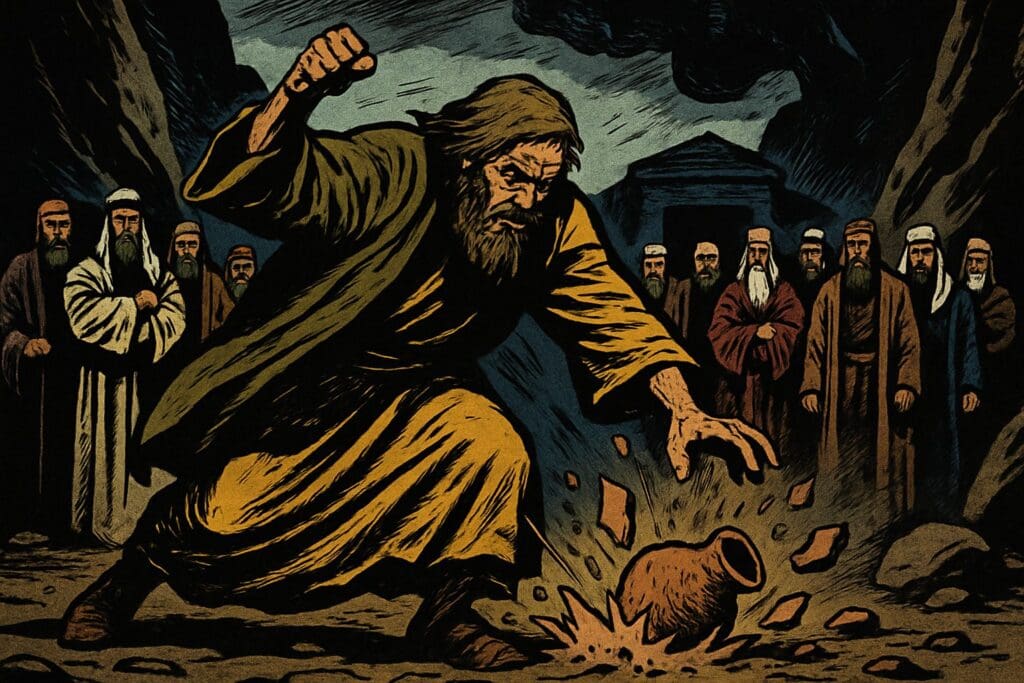 Comic book style illustration depicting a scene from Jeremiah chapter 19
