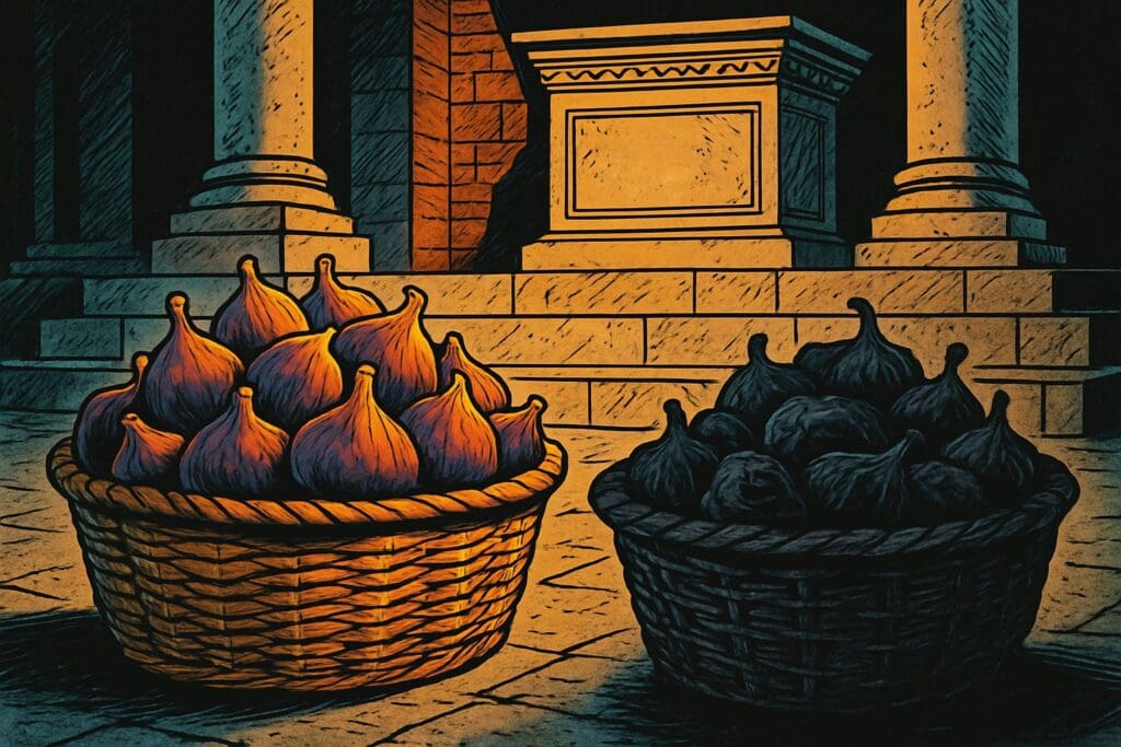 Comic book style illustration depicting a scene from Jeremiah chapter 24