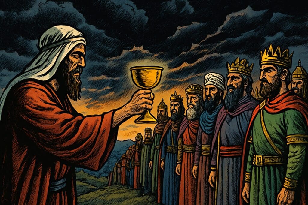Comic book style illustration depicting a scene from Jeremiah chapter 25