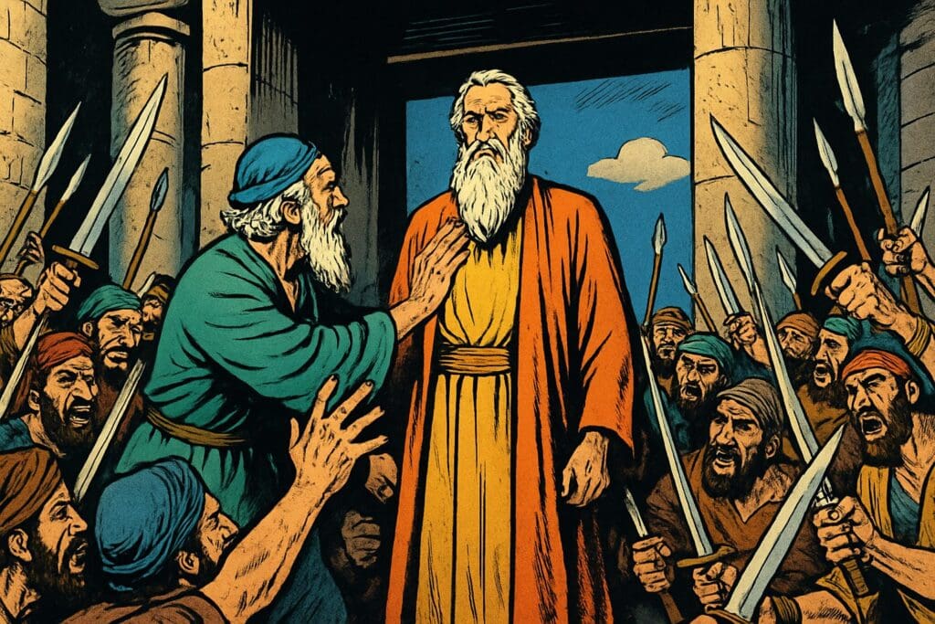 Comic book style illustration depicting a scene from Jeremiah chapter 26
