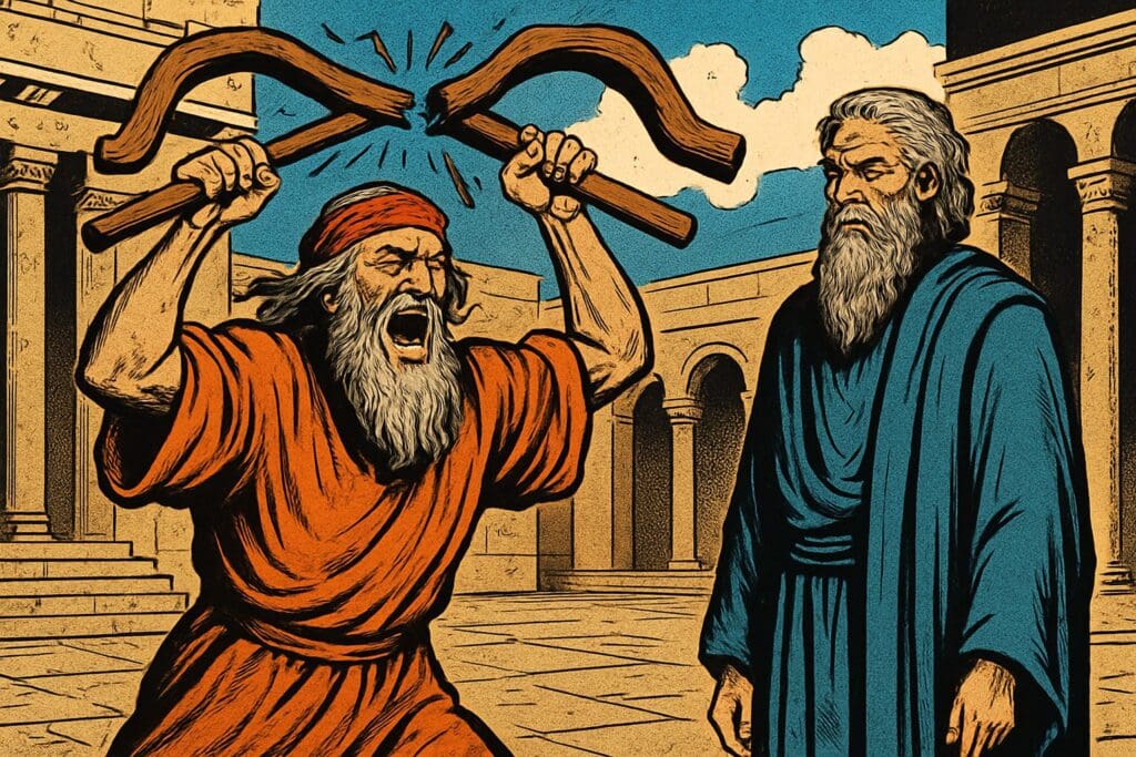 Comic book style illustration depicting a scene from Jeremiah chapter 28