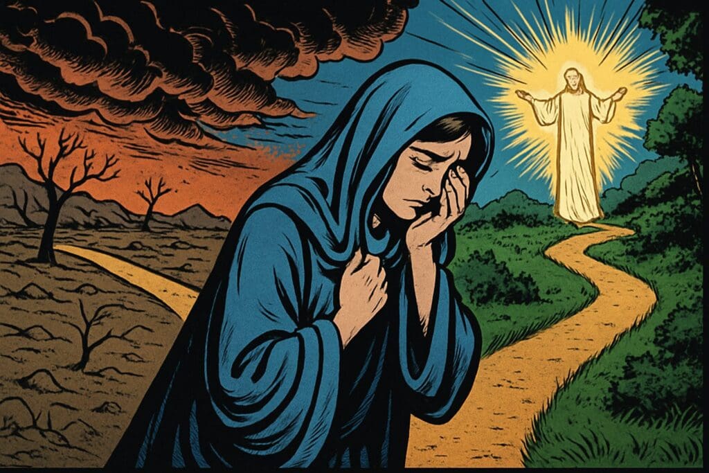 Comic book style illustration depicting a scene from Jeremiah chapter 3