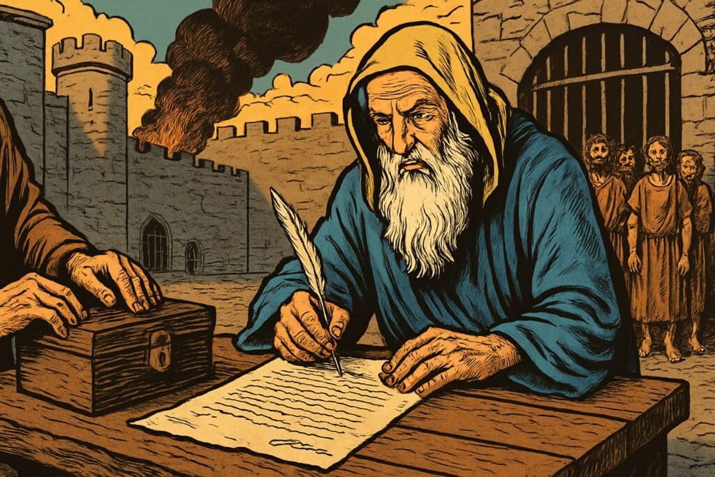 Comic book style illustration depicting a scene from Jeremiah chapter 32