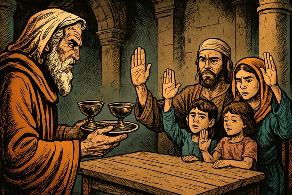 Comic book style illustration depicting a scene from Jeremiah chapter 35