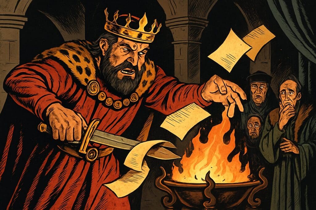 Comic book style illustration depicting a scene from Jeremiah chapter 36