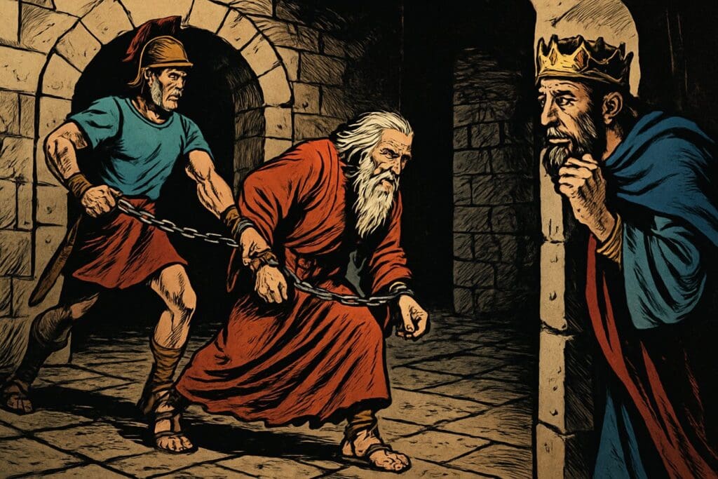 Comic book style illustration depicting a scene from Jeremiah chapter 37