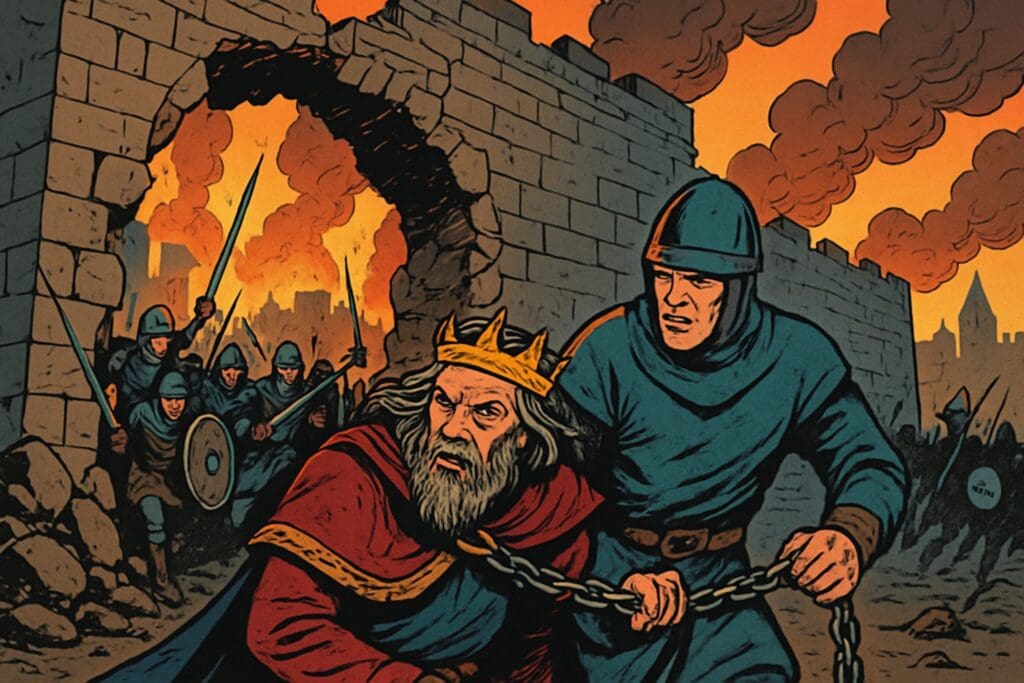 Comic book style illustration depicting a scene from Jeremiah chapter 39
