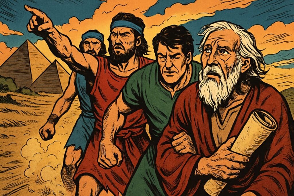 Comic book style illustration depicting a scene from Jeremiah chapter 43