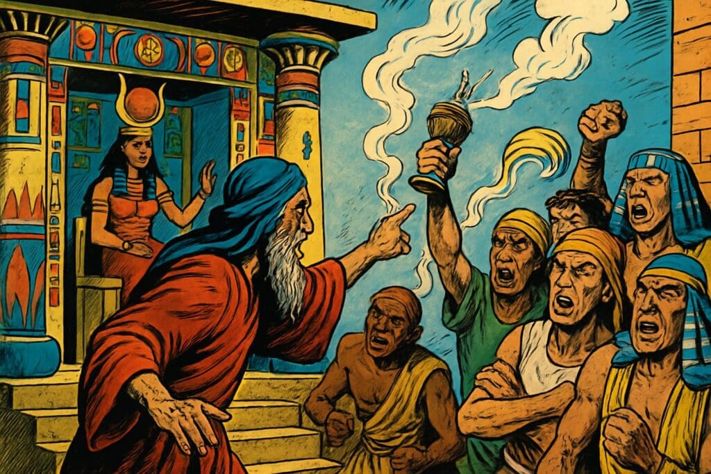 Comic book style illustration depicting a scene from Jeremiah chapter 44