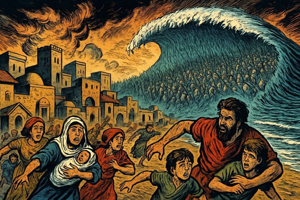 Comic book style illustration depicting a scene from Jeremiah chapter 47