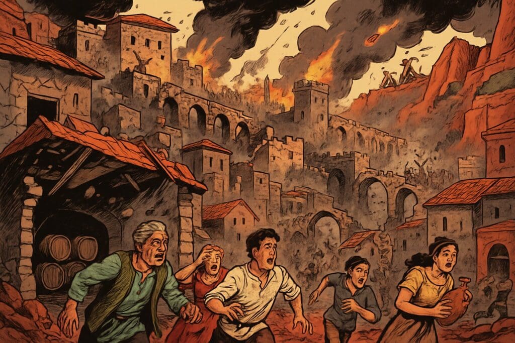 Comic book style illustration depicting a scene from Jeremiah chapter 48
