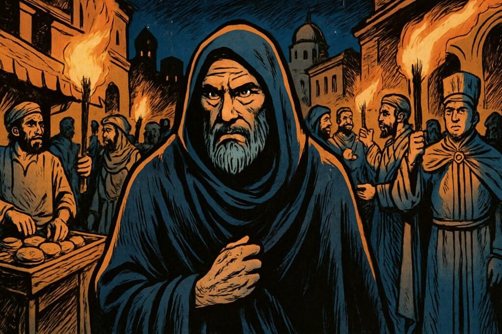 Comic book style illustration depicting a scene from Jeremiah chapter 5