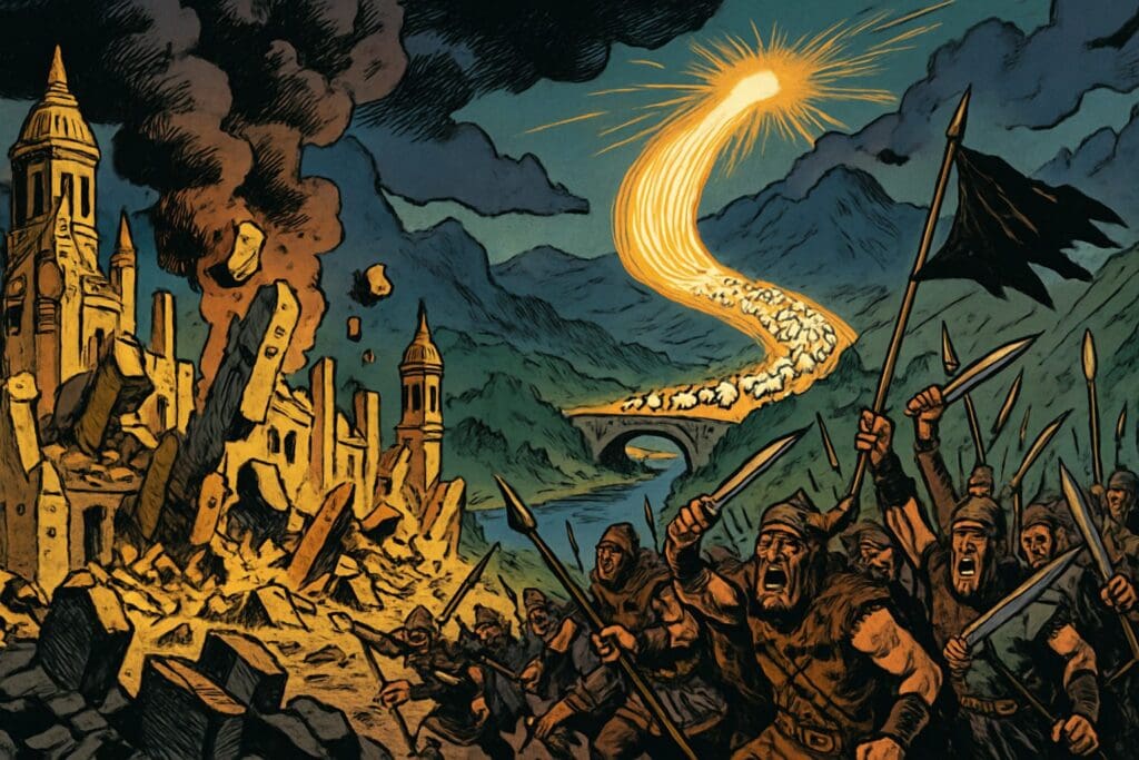 Comic book style illustration depicting a scene from Jeremiah chapter 50