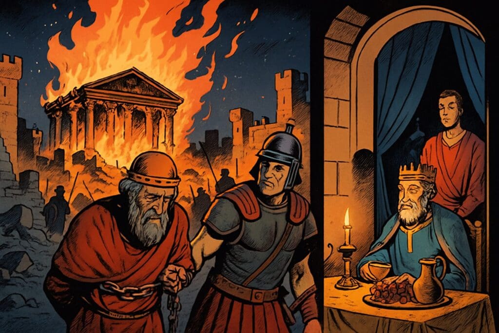 Comic book style illustration depicting a scene from Jeremiah chapter 52