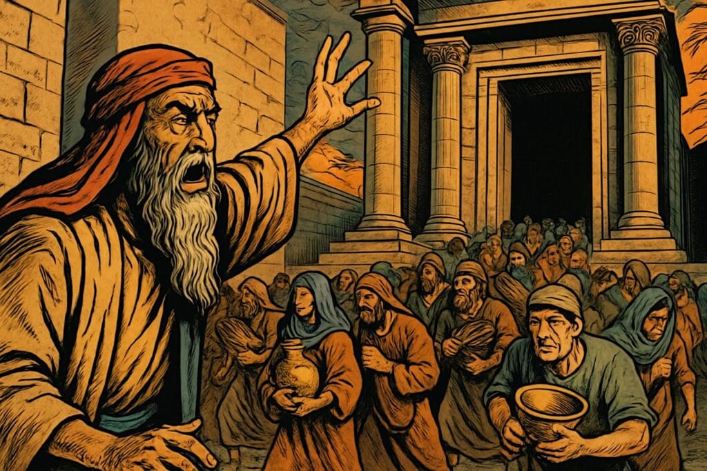 Comic book style illustration depicting a scene from Jeremiah chapter 7