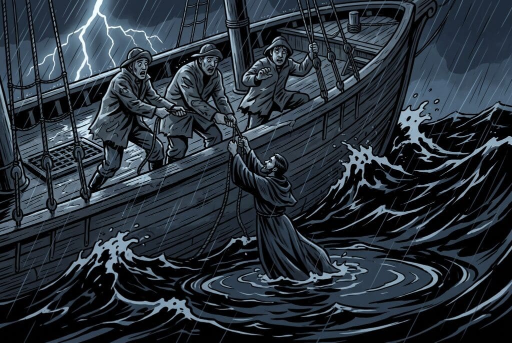 Comic book style illustration depicting a scene from Jonah chapter 1