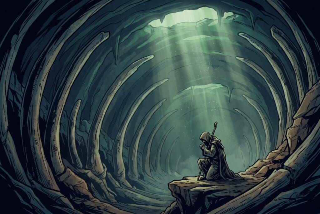 Comic book style illustration depicting a scene from Jonah chapter 2