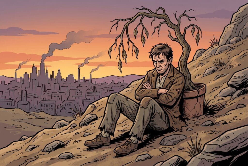 Comic book style illustration depicting a scene from Jonah chapter 4