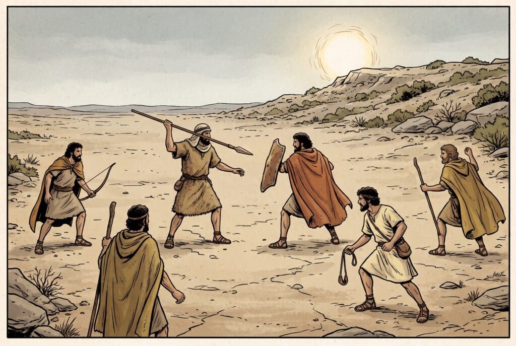 Comic book style illustration depicting a scene from Joshua chapter 10