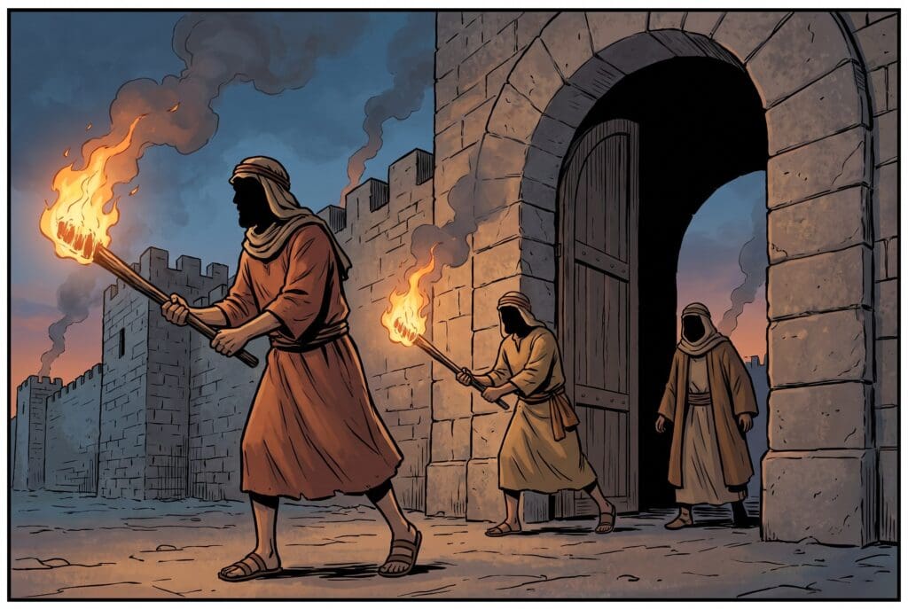 Comic book style illustration depicting a scene from Joshua chapter 11
