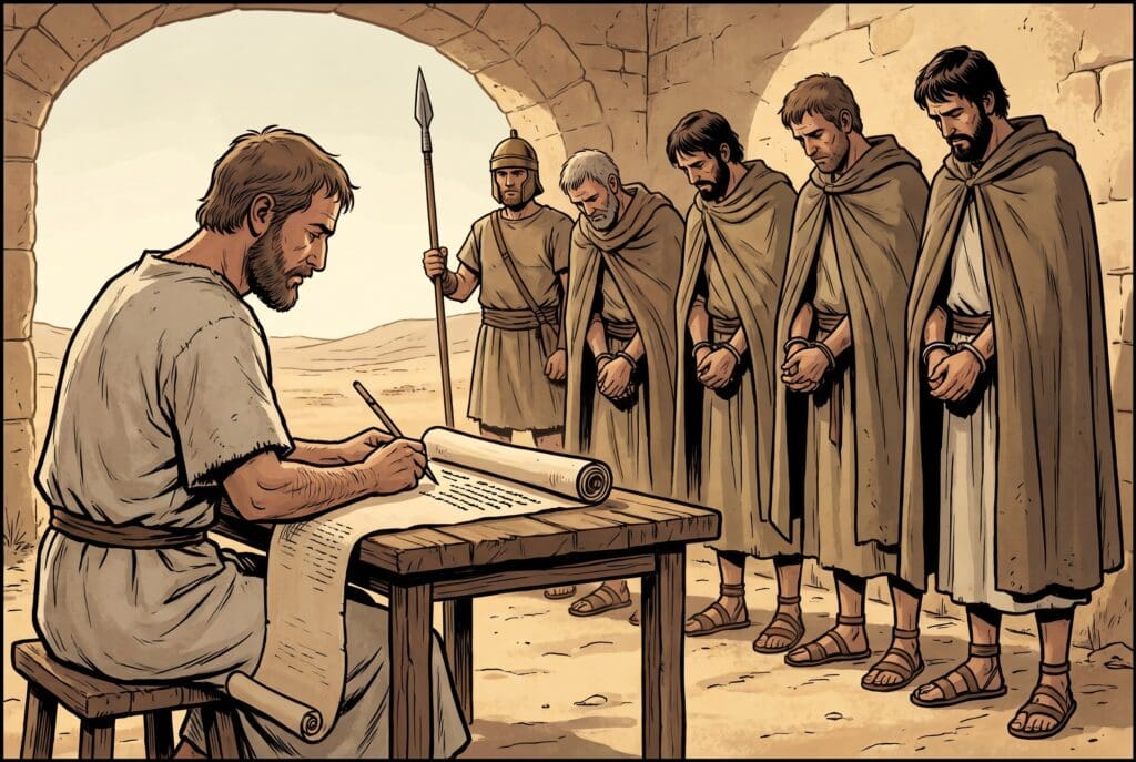 Comic book style illustration depicting a scene from Joshua chapter 12