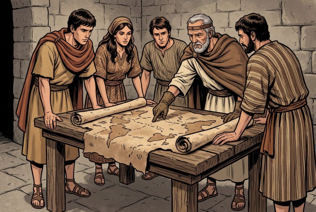 Comic book style illustration depicting a scene from Joshua chapter 13