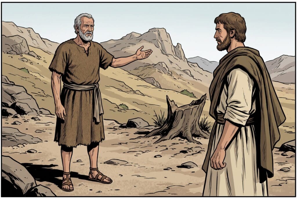 Comic book style illustration depicting a scene from Joshua chapter 14