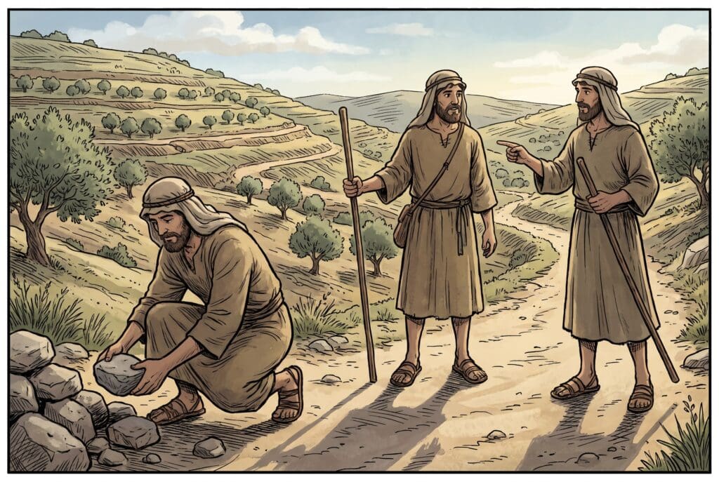 Comic book style illustration depicting a scene from Joshua chapter 16