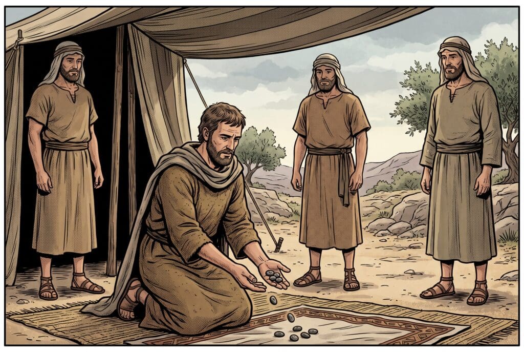 Comic book style illustration depicting a scene from Joshua chapter 18