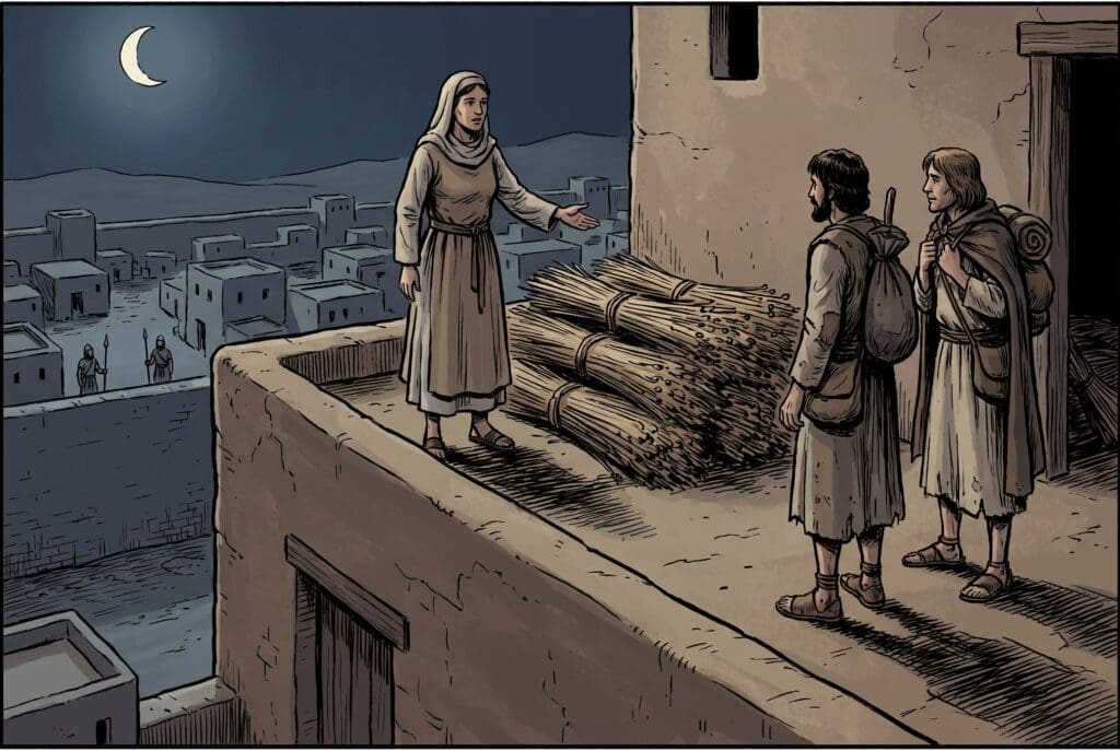 Comic book style illustration depicting a scene from Joshua chapter 2