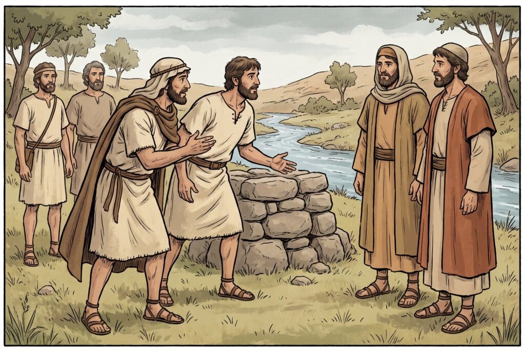 Comic book style illustration depicting a scene from Joshua chapter 22
