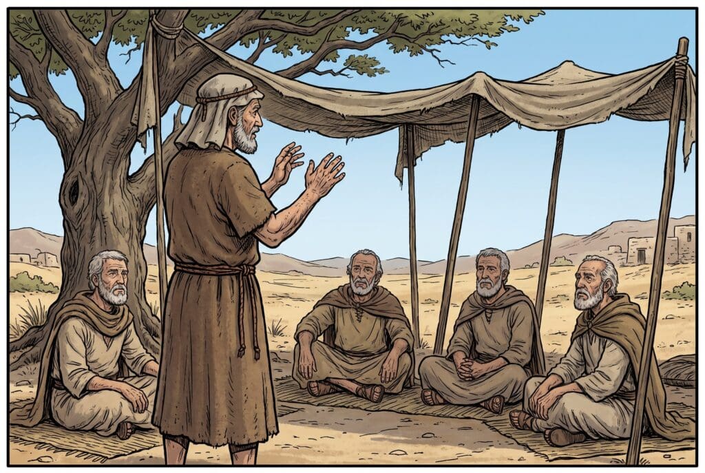 Comic book style illustration depicting a scene from Joshua chapter 23