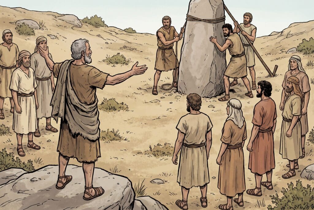 Comic book style illustration depicting a scene from Joshua chapter 24