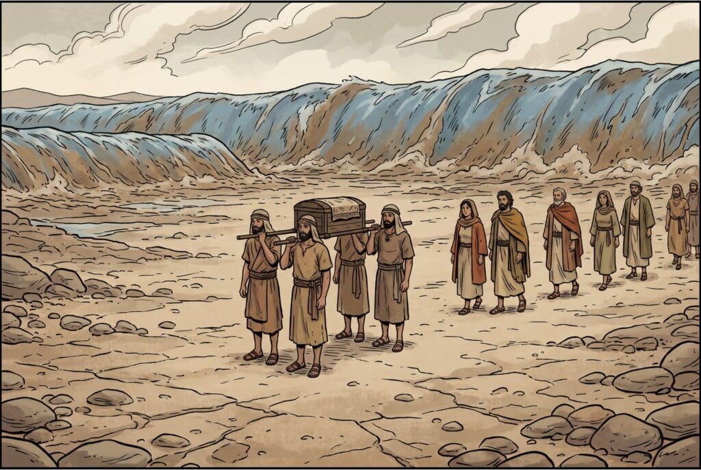 Comic book style illustration depicting a scene from Joshua chapter 3
