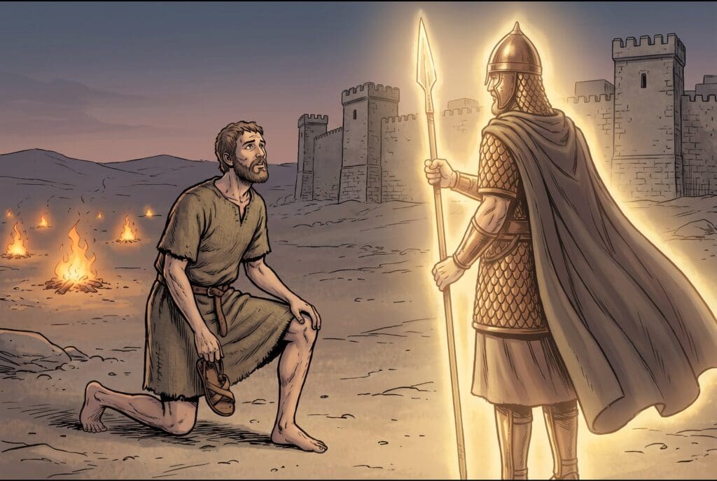 Comic book style illustration depicting a scene from Joshua chapter 5