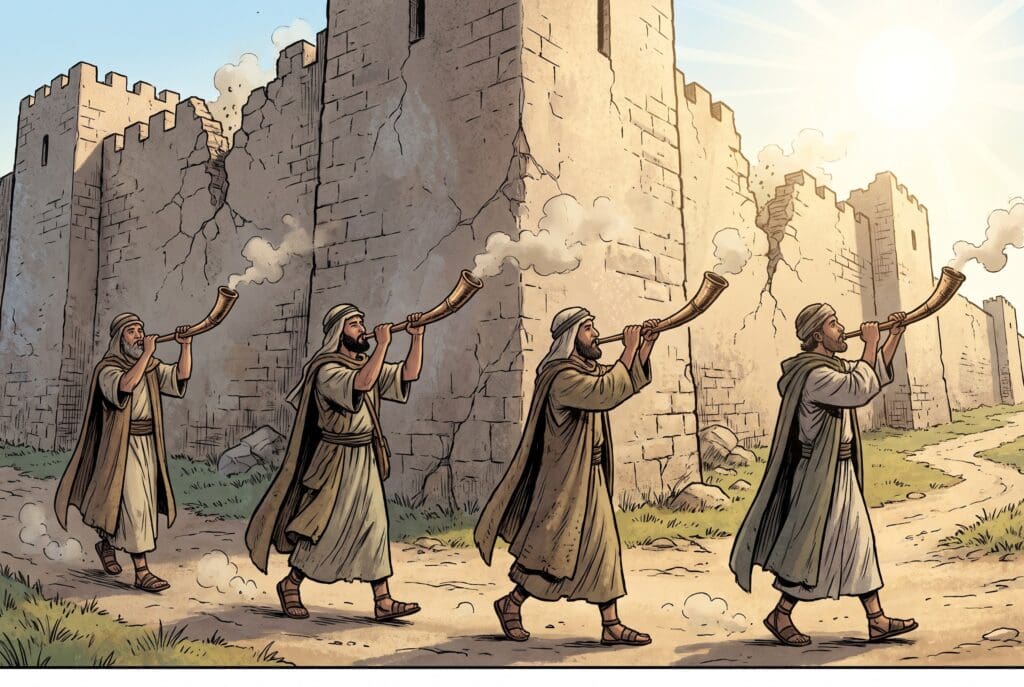 Comic book style illustration depicting a scene from Joshua chapter 6
