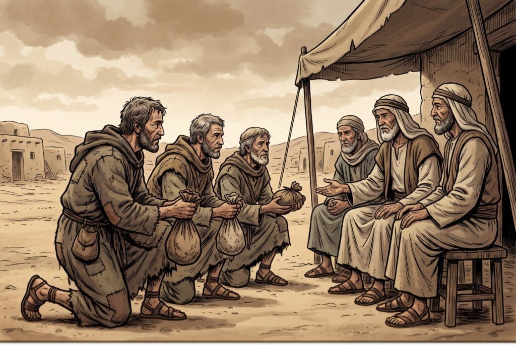 Comic book style illustration depicting a scene from Joshua chapter 9