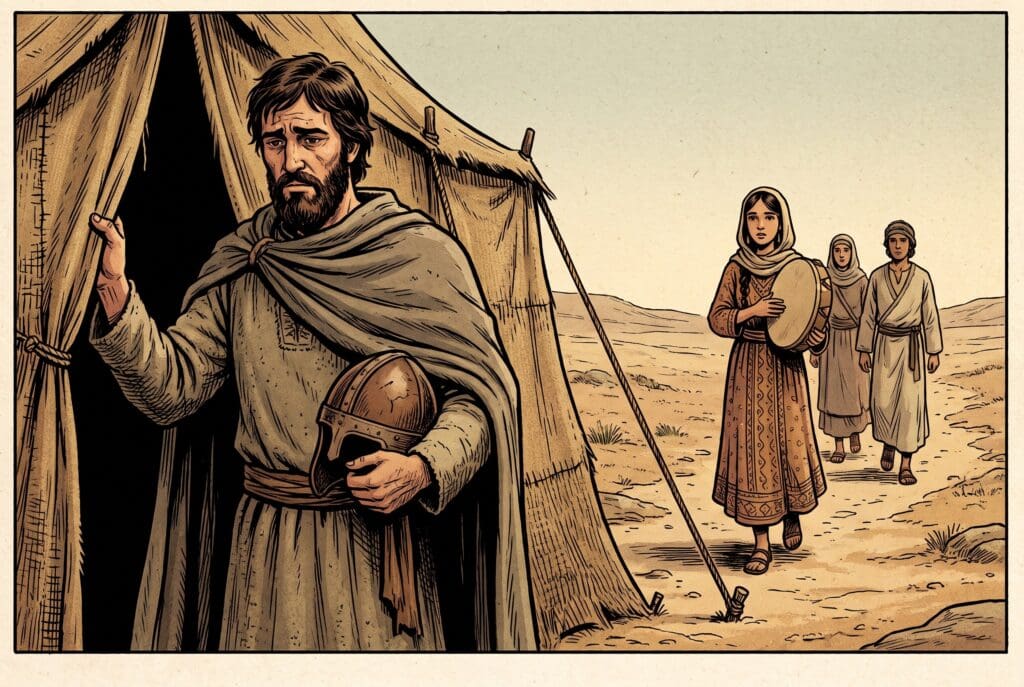 Comic book style illustration depicting a scene from Judges chapter 11