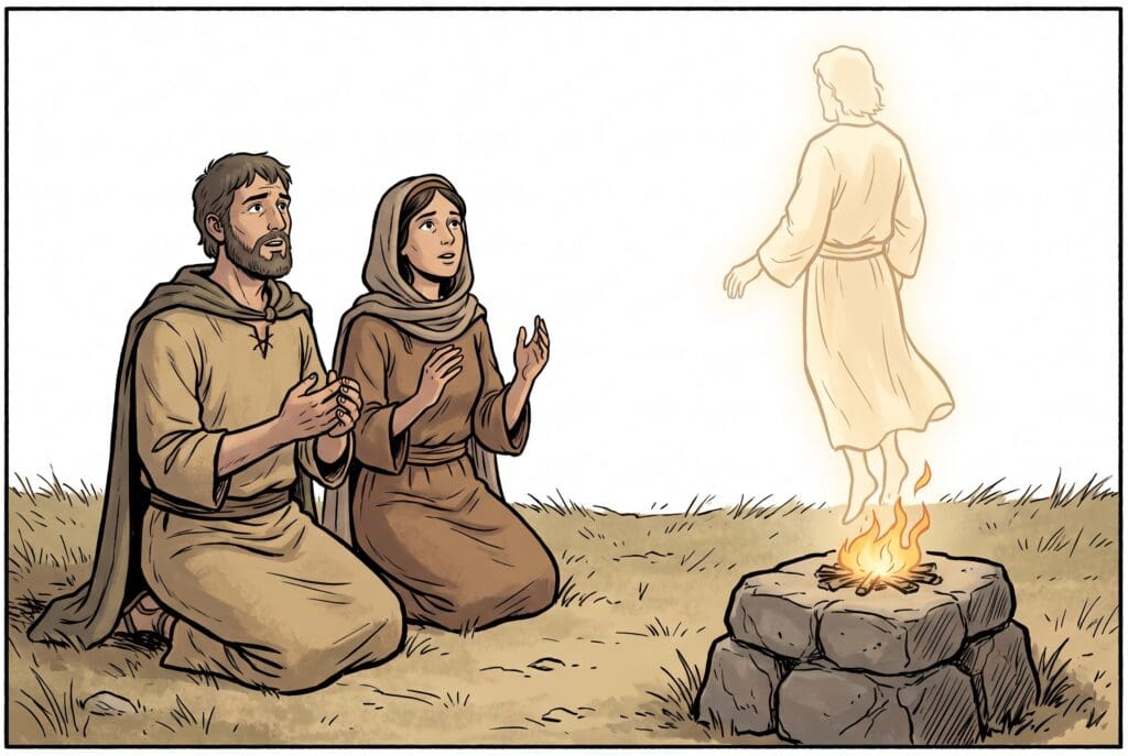 Comic book style illustration depicting a scene from Judges chapter 13