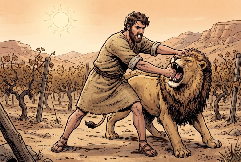 Comic book style illustration depicting a scene from Judges chapter 14