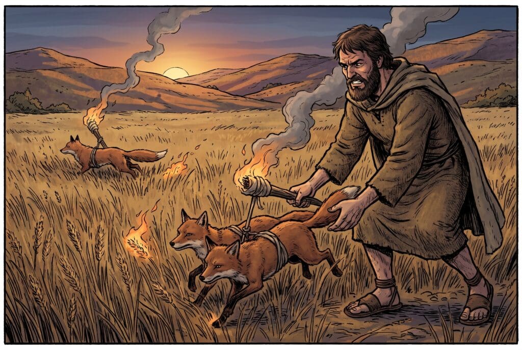 Comic book style illustration depicting a scene from Judges chapter 15