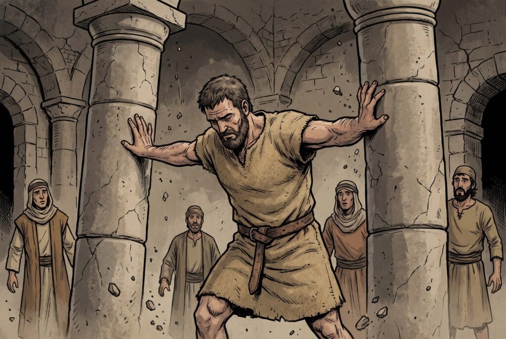 Comic book style illustration depicting a scene from Judges chapter 16