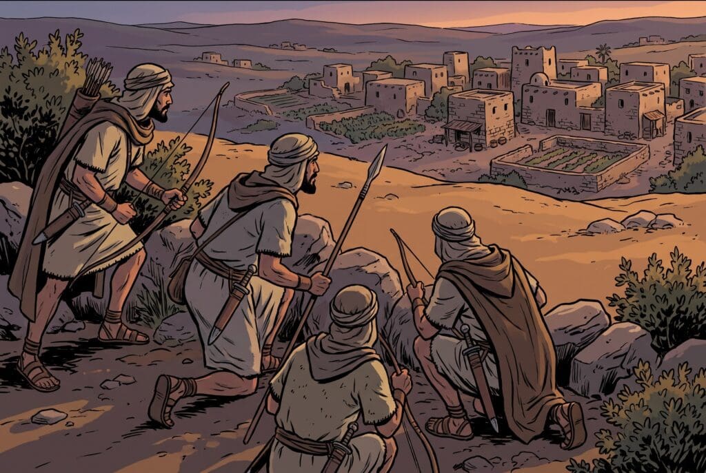 Comic book style illustration depicting a scene from Judges chapter 18