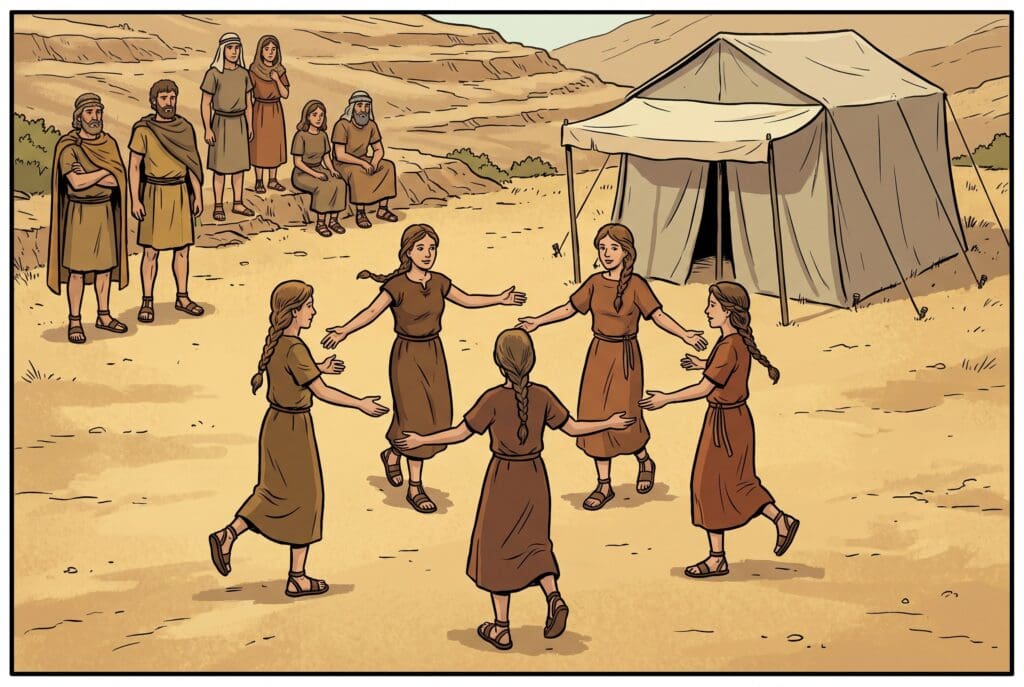 Comic book style illustration depicting a scene from Judges chapter 21