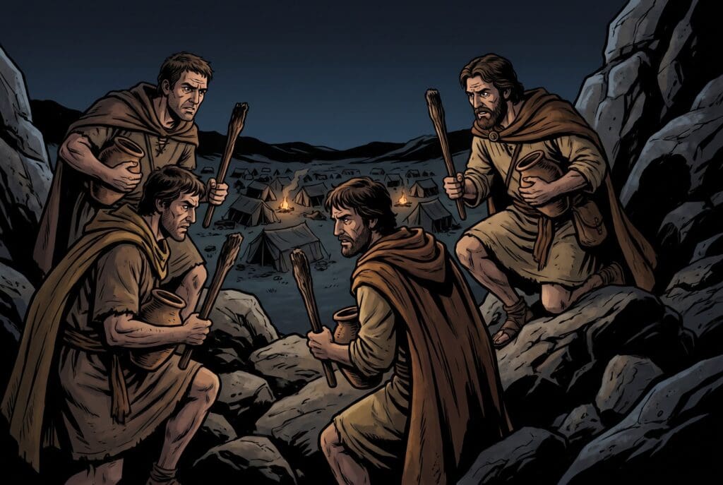 Comic book style illustration depicting a scene from Judges chapter 7